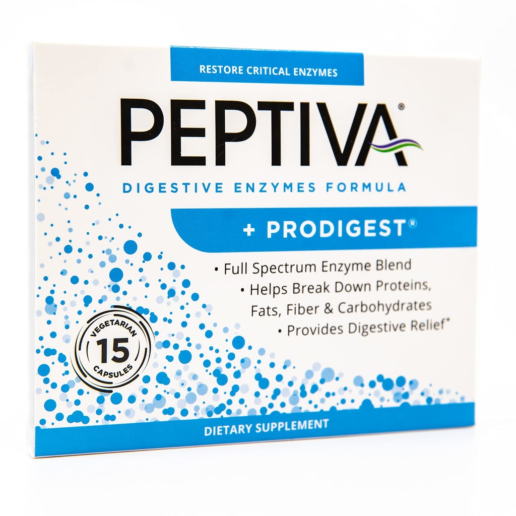 Peptiva Digestieve Enzyme Supplement + ProDigest - Helpt met opgeblazen gevoel, gas, constipatie - 15 Tellen