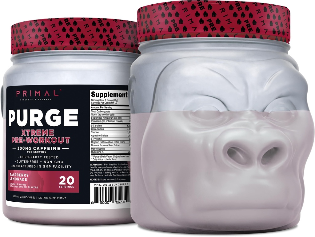 Primal Purge Xtreme Pre-Workout (framboos limonade smaak) (20 porties) - Glutenvrij + non-GMO
