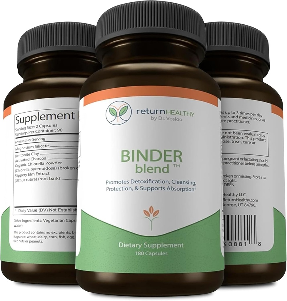 Binder Blend - Toxin Binder Supplement, Detox Capsules for a Healthy Gut - 180 Capsules - 90 Servings - 960mg Actieve Charcoal & 480mg Biologische Chlorella - Bloating Relief - Bentonite Clay, 3 Pack