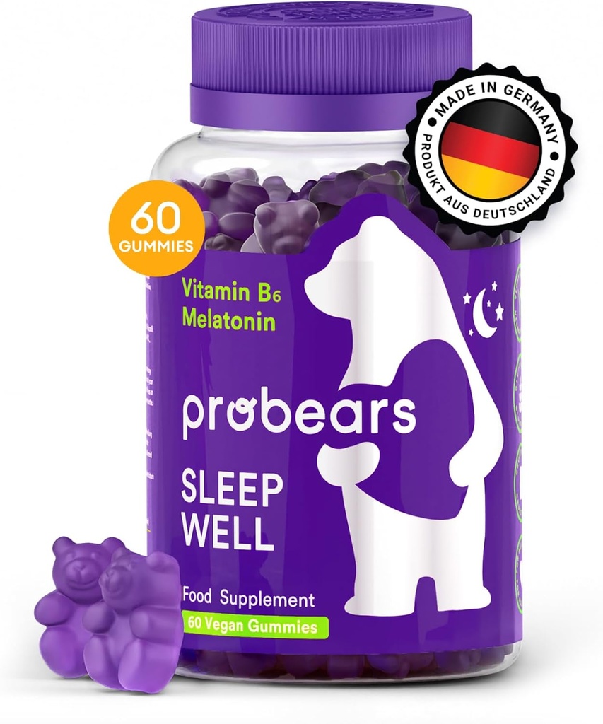 Probears® Melatonine & B6 Gummies for Kids & Adult - Slaap Natuurlijke Melatonine & B6 Vitamine voor alle geslachten Slaap - Glutenvrij, Gelatinevrij, Halal - 60 Tel.