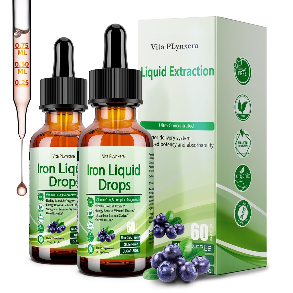 2 Pack Liquid Iron Supplement voor vrouwen mannen & kinderen, Vegan Iron Drops met vitamine C D, B12, B-complex, hoge potentie vloeibaar met multivitamine voor anemie, energie-ondersteuning, Magnesium ijzer Gentle