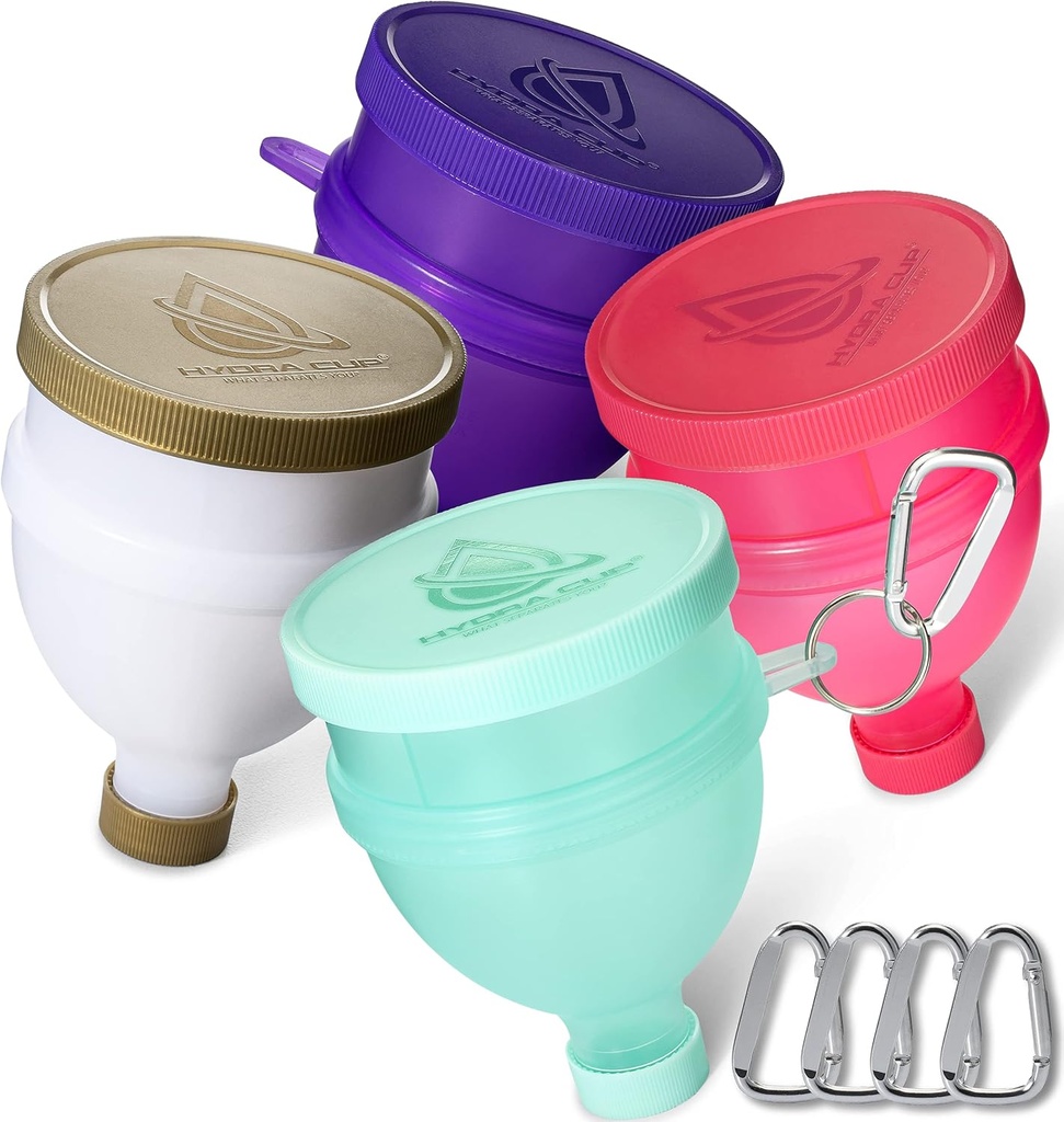 Hydra Cup [4 Pack Funnels voor het vullen van waterflessen met eiwitpoeder, 3 Compartiment pil opslag, Supplement Container te gaan of keuken gebruik, sleutelhanger voor Shaker Cup