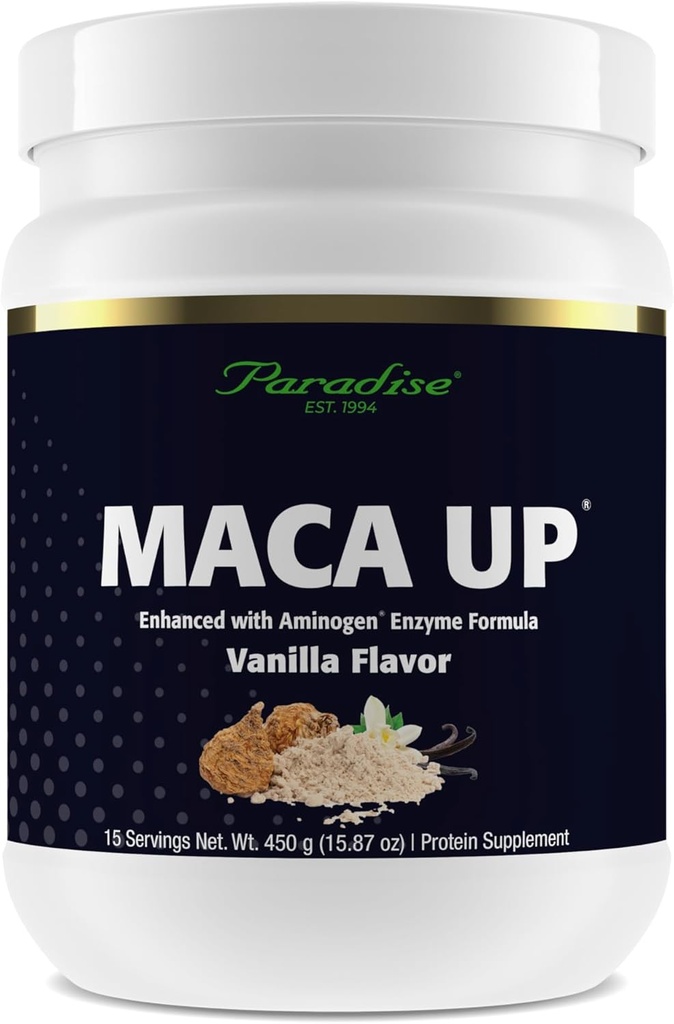 Paradijs Kruiden Maca Up Vanilla Vegan Proteïne Poeder, Biologische Pea & Brown Rice, Maca Root, Aminogen Digestief Enzyme Blend, Nutrim Oat Bran Fiber, 15 Servings, 450 g