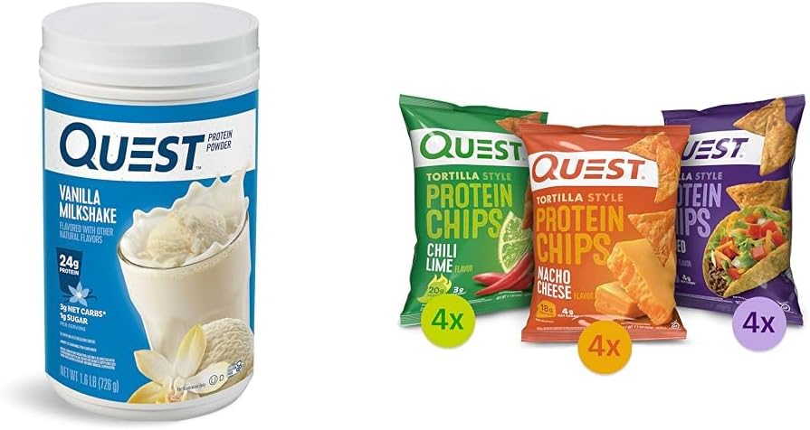 Quest Proteine Powder & Chips Bundle - Vanille Milkshake Powder (24g Proteïne, 1.6lb) + Tortilla Chips Variety Pack (12ct)