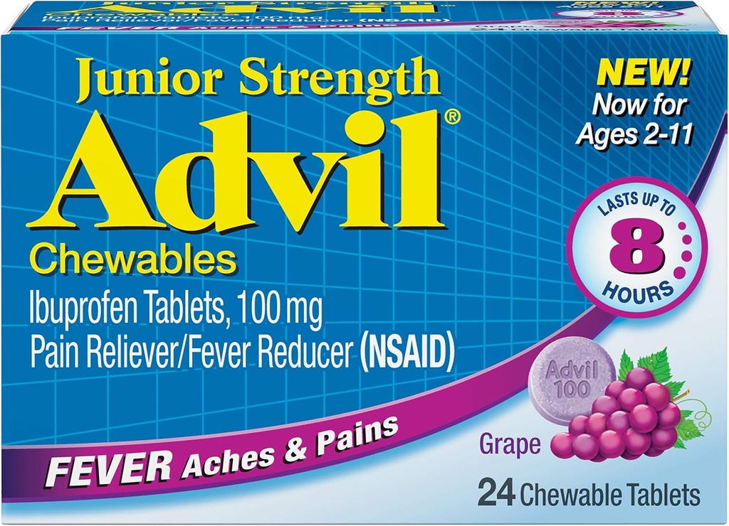 Advil Junior Kauwbare Ibuprofen tabletten, Grape 100mg, 24 tabletten Elk (verpakking van 6)