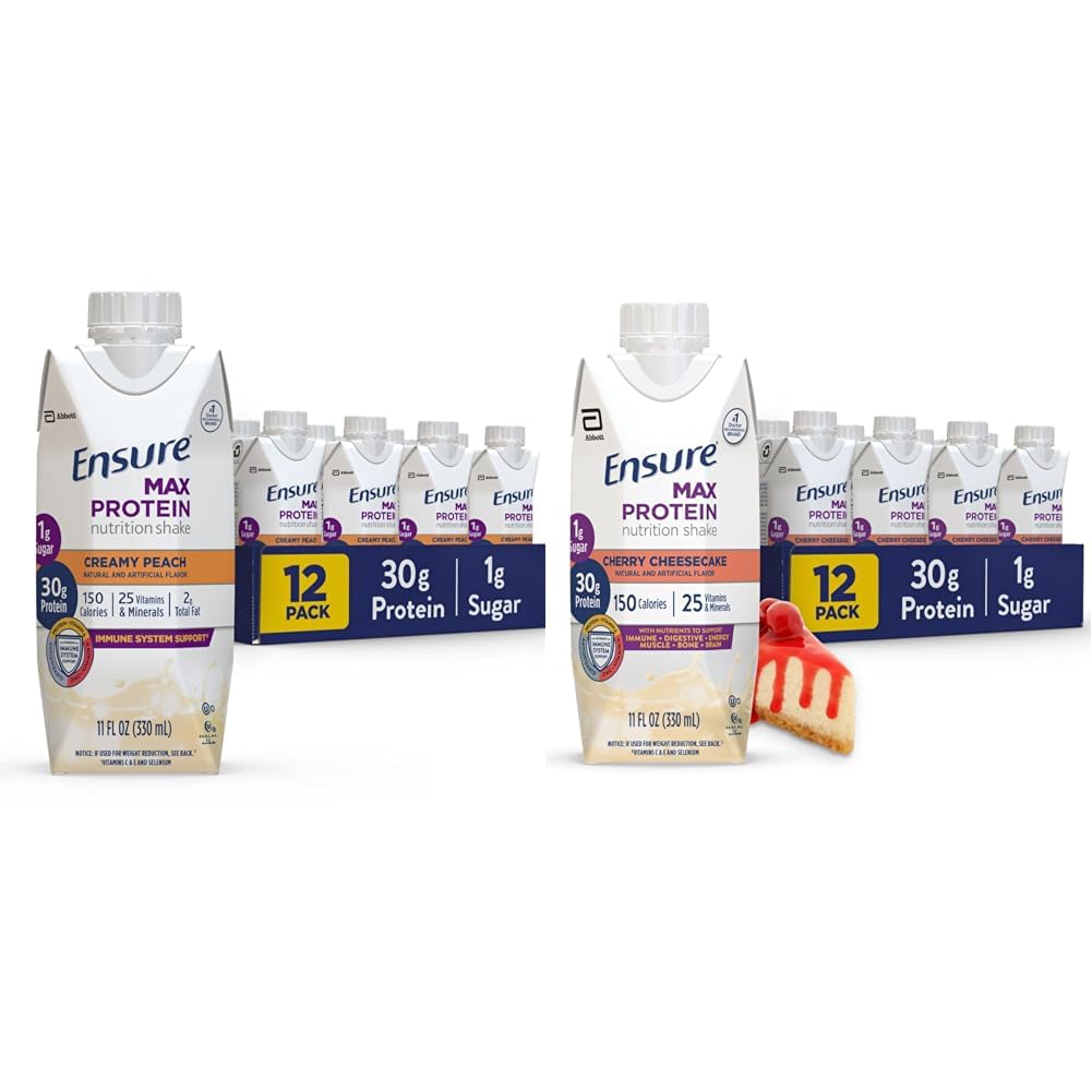 Zorg ervoor dat Max Protein Nutrition Shake met 30g proteïne, 1g suiker, High Protein Shake, Creamy Peach en Cherry Cheesecake Variety Pack, 11 fl oz, Pack van 12
