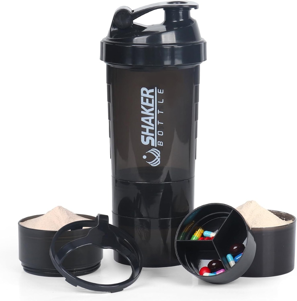 VECH Shaker Flessen voor eiwitmixen Workout Shaker Leak Proof Waterfles Non Slip 3 Laag Twist Off 3 OZ met Pillenbak voor opslag Proteïnepoeder Shake Fles 16 OZ Shake Cup (zwart)