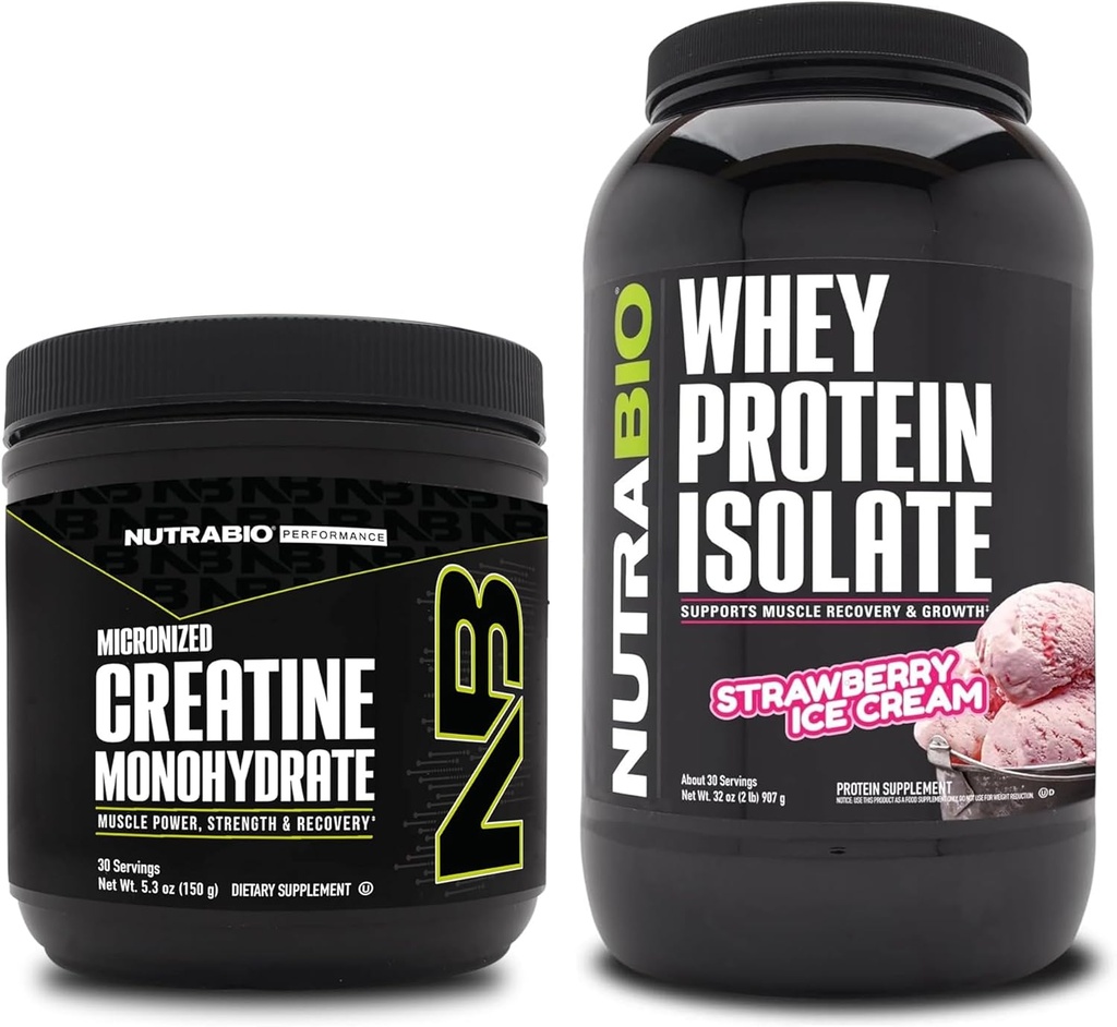 NutraBio Creatine Monohydraat, Unflavored, 150g en Wei Proteïne Isolaat, Strawberry Ice Cream, Supplement Bundle - Spierenergie, Lean Spiergroei, Herstel en sterkte