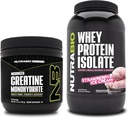 NutraBio Creatine Monohydraat, Unflavored, 150g en Wei Proteïne Isolaat, Strawberry Ice Cream, Supplement Bundle - Spierenergie, Lean Spiergroei, Herstel en sterkte