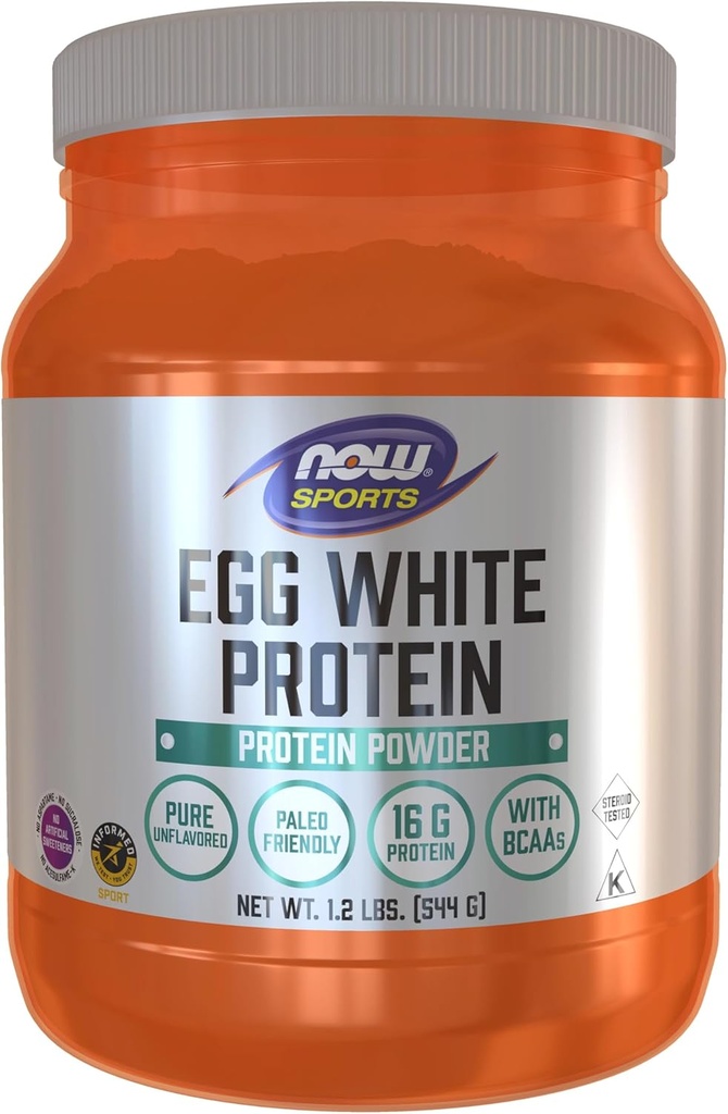 NOW Sportvoeding, Egg White Protein, 16 g met BCAA's, Ongearomatiseerd Poeder, 1,2-pond