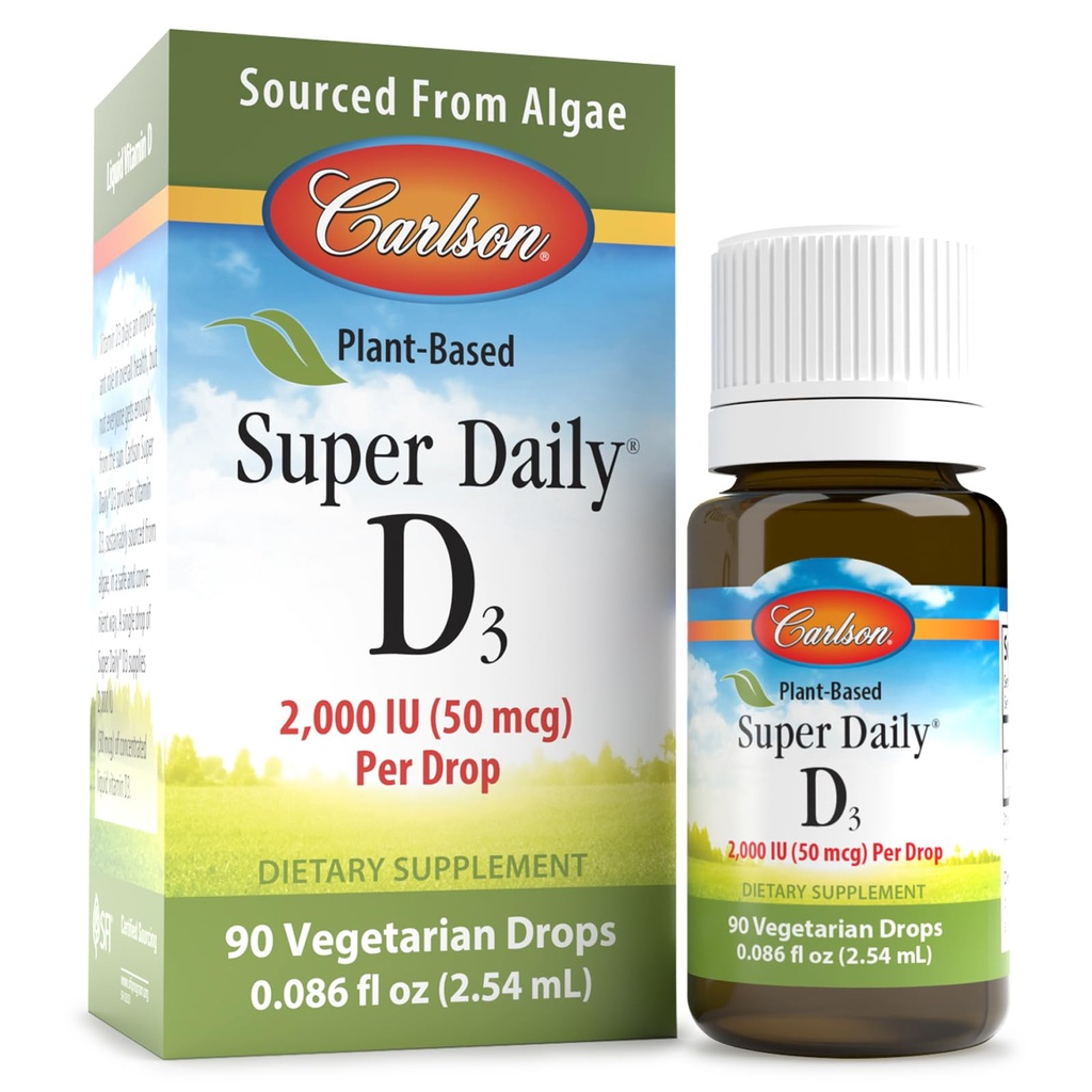 Carlson - Plant-Based Super Daily D3 2000 IE (50 mcg) per druppel, Vegetarische vitamine D druppels, vloeibare vitamine D3, afkomstig van algen, ongearomatiseerd, 90 druppels (2,54 ml)