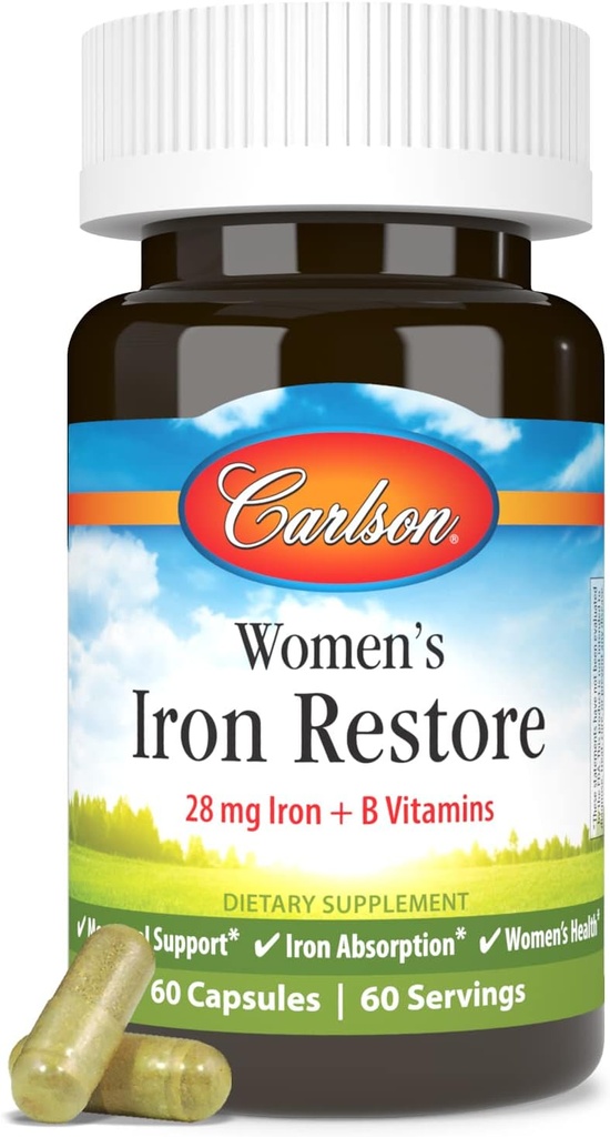 Carlson - Women's Iron Restore, 28 mg Iron + B Vitaminen, Menstruele Ondersteuning, IJzer Absorptie & Women's Health, 60 Capsules