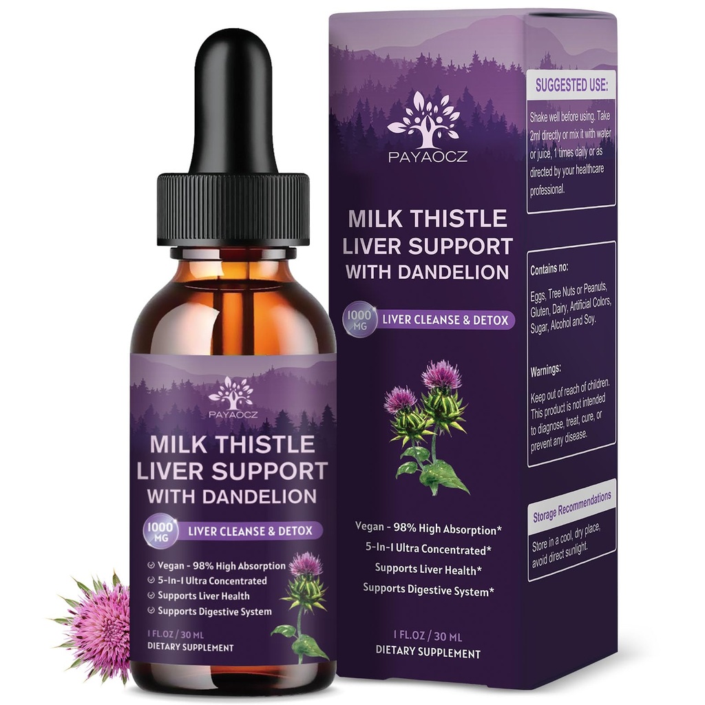 (2 Pack) Milk Thistle Liquid Drops Silymarin 1000mg, Lever Supplement Ontgiften & reinigen met Dandelion & Artichoke, Melkdistel Biologische Extract voor ondersteuning Reparatie Lever Gezondheid, Vegan, Non-GMO, 1 Fl Oz