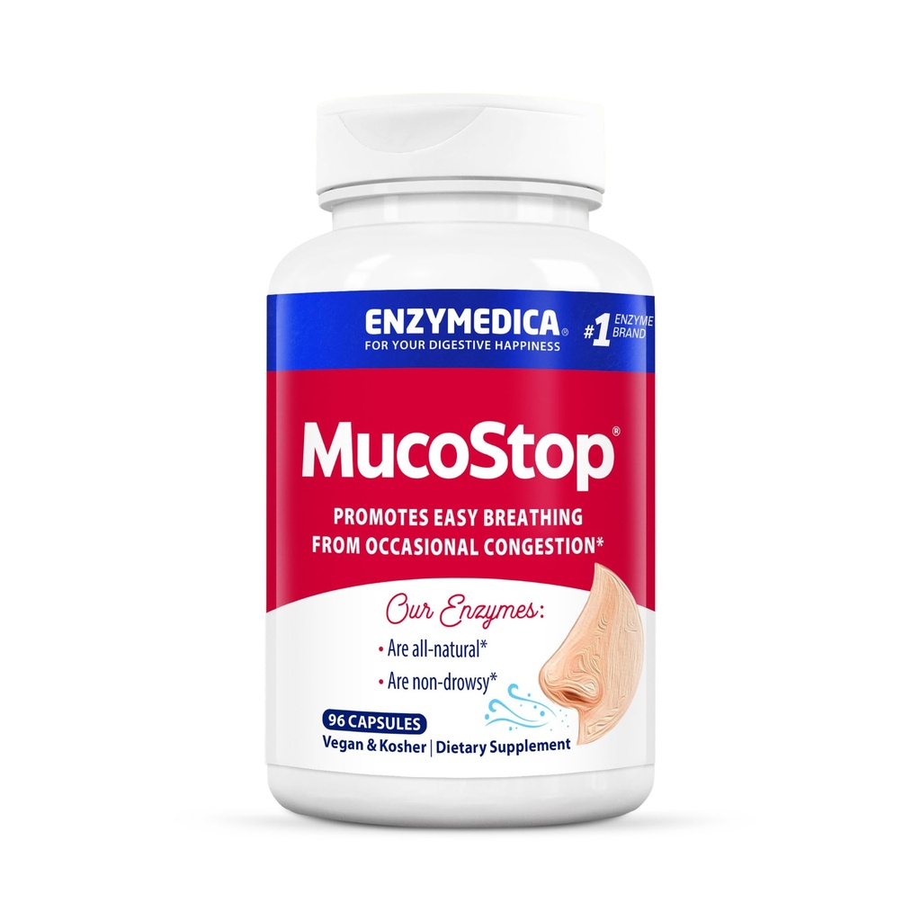 Enzymedica, MucoStop, Natuurlijke Enzyme Supplement, Verlicht Seizoensgebonden of Occasional Congestie, Ondersteunt Gemakkelijk ademhalen, 96 Tellen