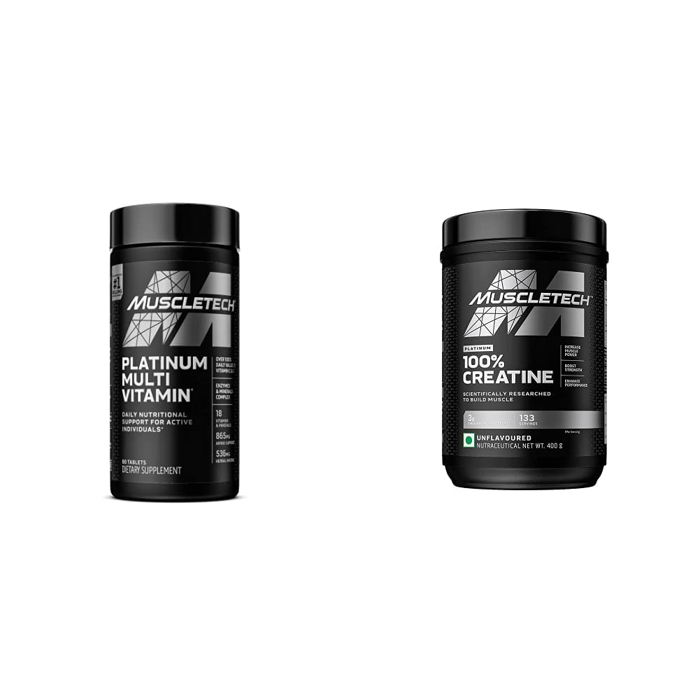 MuscleTech Creatine Monohydraat Poeder Platinum Pure Micronized Muscle Recovery + Builder & Platinum Multivitamine for Immune Support 18 Vitaminen & Minerals