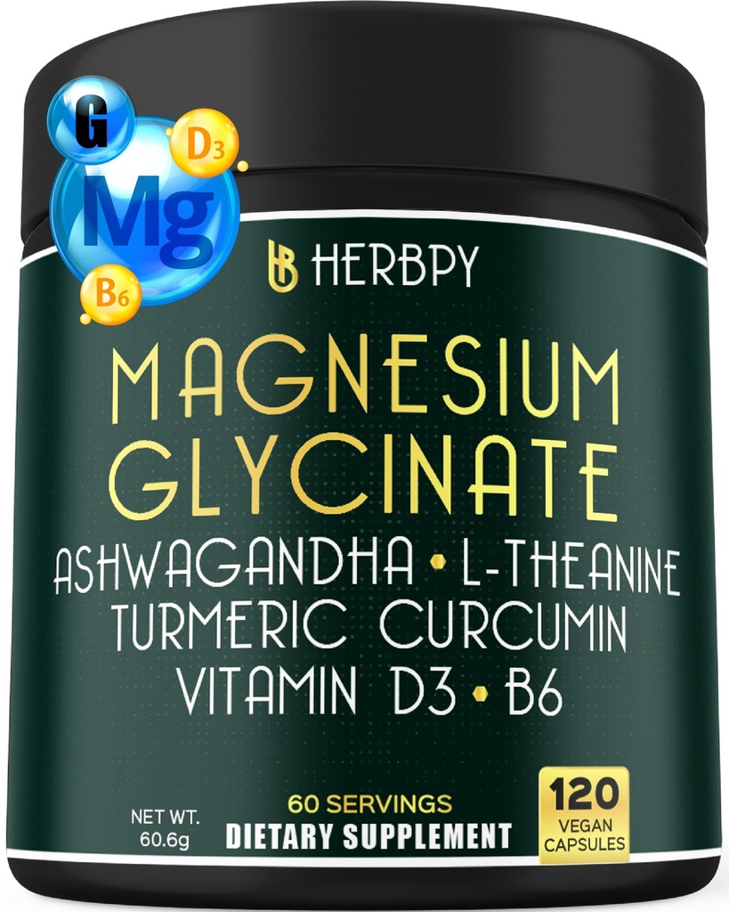 6in1 Rustige dag- en nachtsupplement met Magnesium Glycinate, Vitamine D3, B6, L-Theanine, Ashwagandha en Turmeric Root - Hersen-, Hart- en spijsverteringsverzorgingsondersteuning - 120 Vegan Capsules