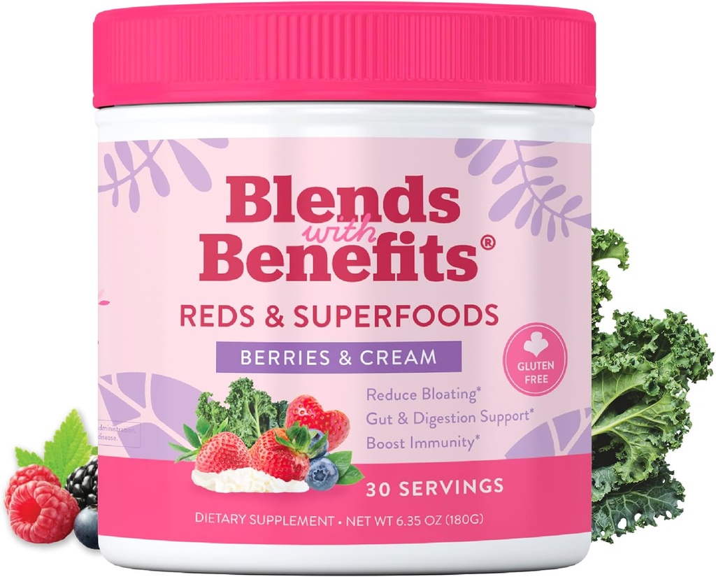 360 Voeding Blends with Benefits Reds & Superfoods for Natural Antioxidants and Polyphenols, with Fruits & Veggies, Probiotics Digestie, Daily Energy - Bessen & Cream - 30 Servings