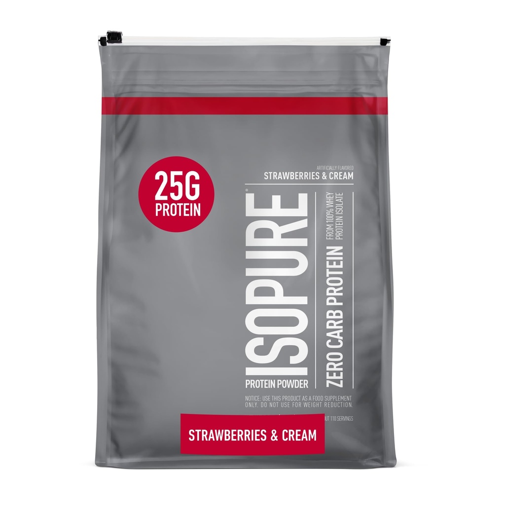 Isopure Zero Carb 100% Pure Wei Isolaat Proteïne Poeder, Lactosevrij, Glutenvrij, Met Vitaminen, Aardbeien & Cream, 25g Proteïne Per Serving, 7,5 Lbs, 110 Servers (Verpakking mei Vary)