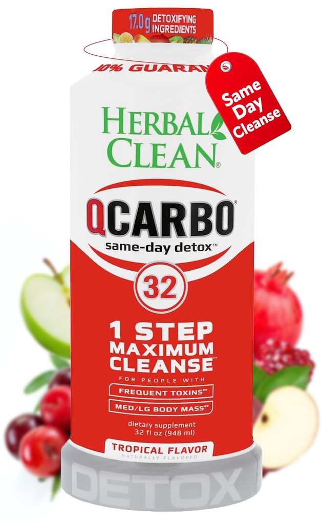 Herbal Clean Qcarbo32 Same-Day Detox Cleanse Drink (32 fl oz) - Tropische smaak volledige lichaamsreiniging* Detox Drink voor matige Toxin Level*, vitamine B2 en vitamine B12 voor mannen en vrouwen