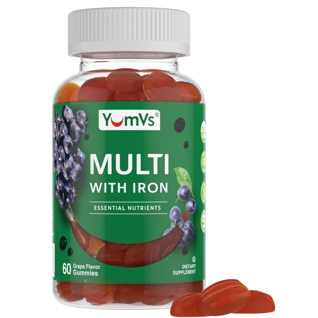 YUM-V's Iron Gummies - Multivitamine Iron Supplement met vitamine C, A, B & Zink, Ondersteunt Blood Oxygen, Vegan supplementen voor vrouwen, mannen en kinderen voor groei en ontwikkeling - Grape Flavor 60 Tellen