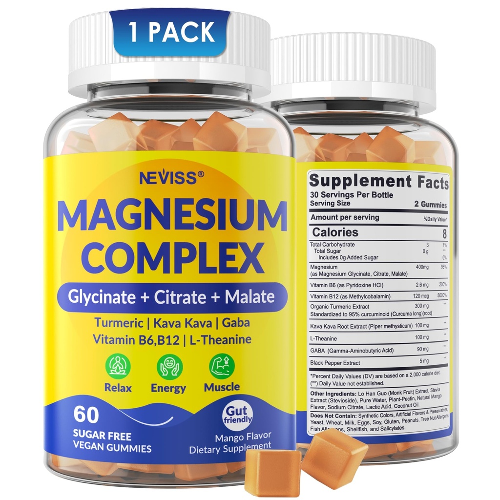 Magnesium Complex Gummies 400mg, Magneisum Glycinate Citrate Malate + Turmeric, GABA, B6 B12, Kava Kava, L-Theanine voor Slaap, Kalm, Ontspannen, Energie, Magnesium Gummies voor Vrouwen Mannen, Veganistisch, 60 Ct