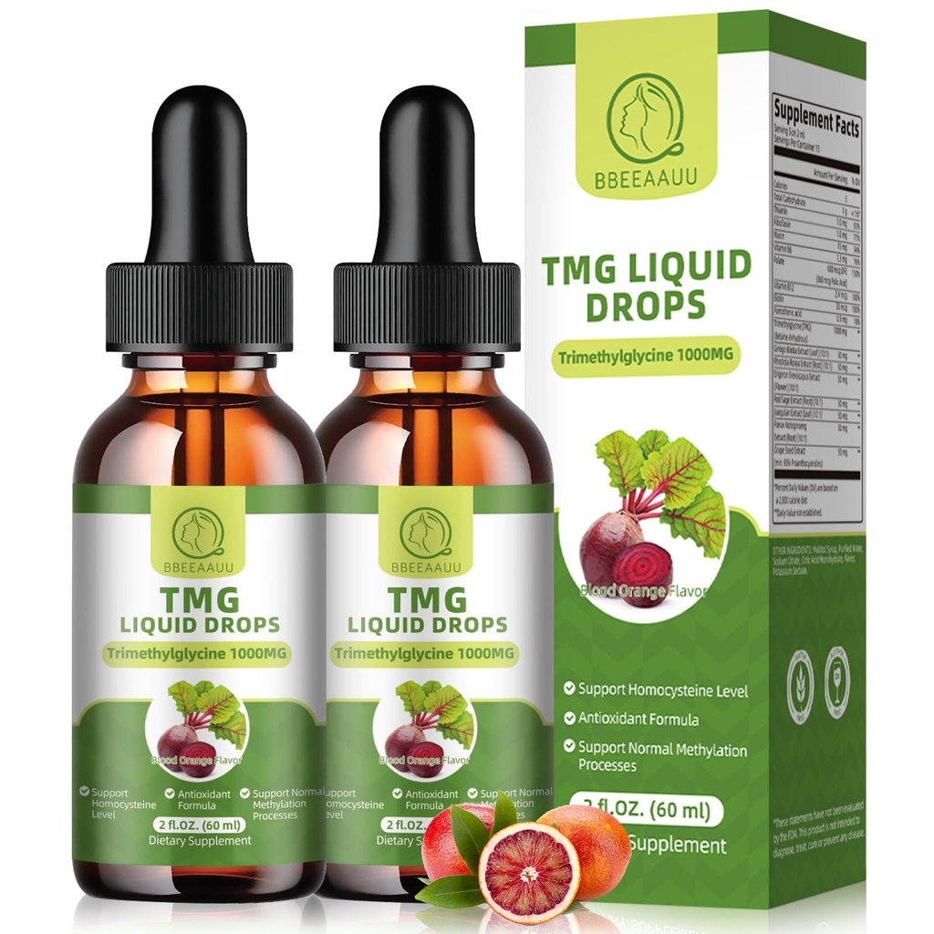TMG Supplementen 1000MG - Trimethylglycine Liquid Drops, Betaine Hoge Absorptie, Ondersteunt Methylation, Lever Wellness & Cognitive, Non-GMO, Vegan, Blood Orange Flavor, 2 Fl.Oz (2 Pack)