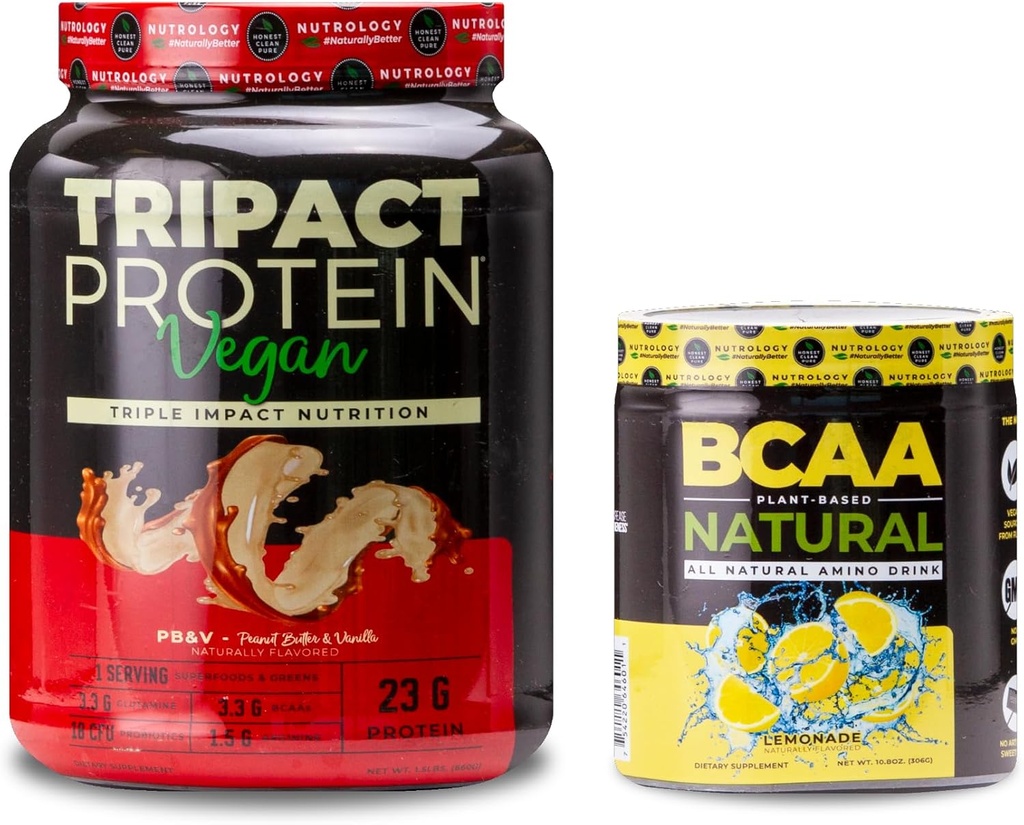 Nutrology TRIPACT Vegan Protein Powder, for Vegan Protein Shakes, Peanut Butter Vanilla (20 Servings) BCAA Natural, Plant Based BCAA Powder, Lemonade Flavor (30 Servings)