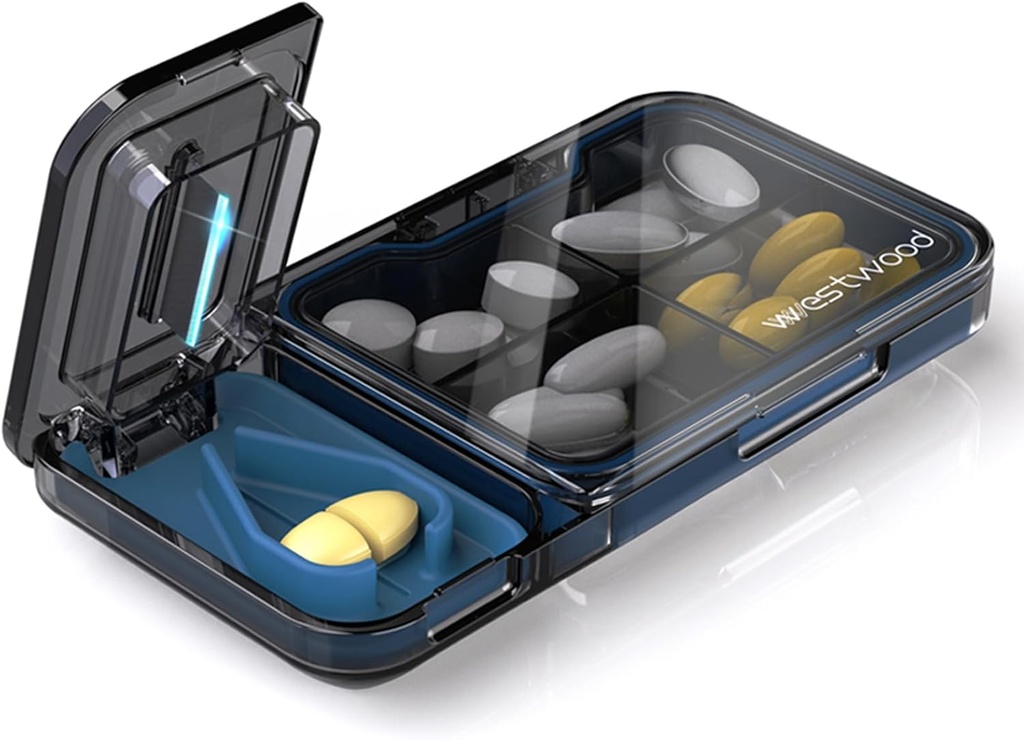 Reis pil Organizer met pil Cutter Splitter, 4 Compartments pil geval, kleine pil Box voor zaktas, dagelijkse pil Container om vitamines kabeljauw lever olie supplementen, Medicine Planner (zwart)