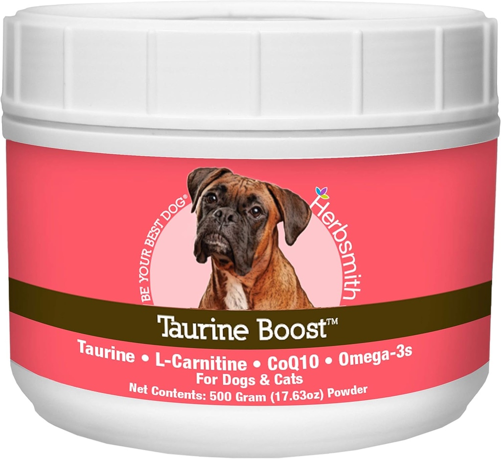 Herbsmith Taurine Boost - Hart- en Hartondersteuning voor honden en katten - Taurine Supplement voor hond en kat hart gezondheid met CoQ10, Taurine en L-Carnitine voor honden - 500g
