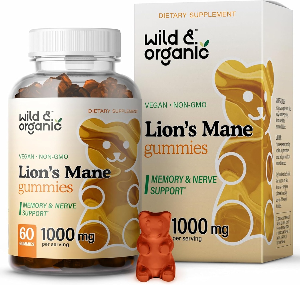 Wild & Organic Lions Mane Mushroom Gummies 1000mg - Natural Lion's Mane Mushroom Supplement Gummies - 60 Kauwen voor Focus en Brain Energy Ondersteuning - Vegan, Non-GMO