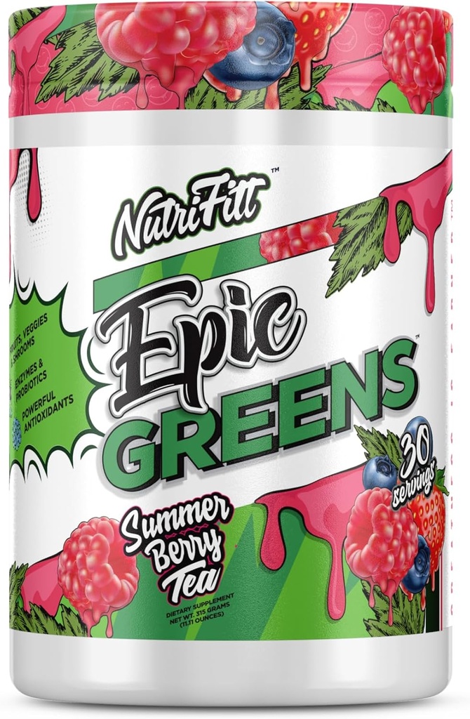NutriFitt Epic Greens, verpakt met antioxidanten, vruchten, groenten en champignons, Boost prestaties, snelheid herstel (30 porties, zomerbessenthee)