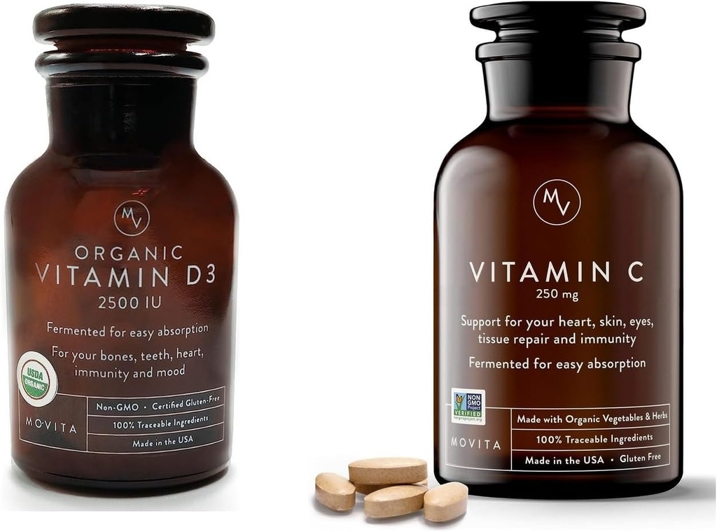 Movita Biologische Vitamine D3 2500IE, Fles Gefermenteerd Vitamine C 250mg Fles