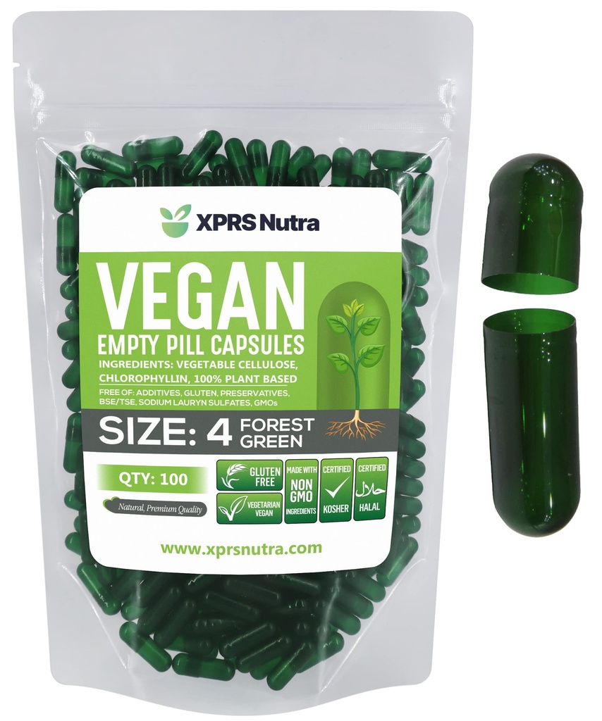 XPRS Nutra Size 4 Empty Capsules - 100 Count Small Empty Vegan Capsules - DIY Vegetable Capsule Filling - Fillable Do-It-Yourself Veggie Pill Caps for Supplements (Forest Green)