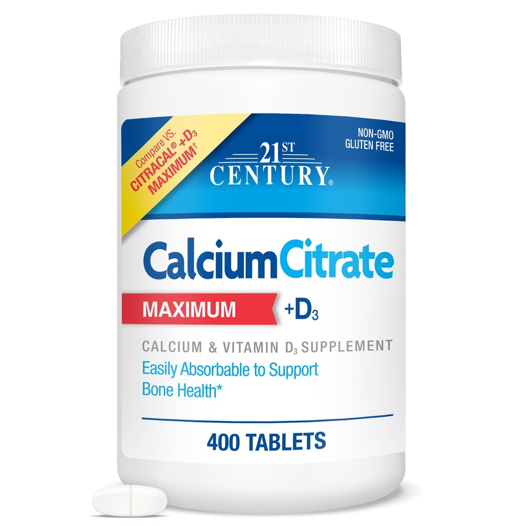 21e eeuw Vitaminen Calciumcitraat Plus D3 Maximale tabletten, 400 Tellen
