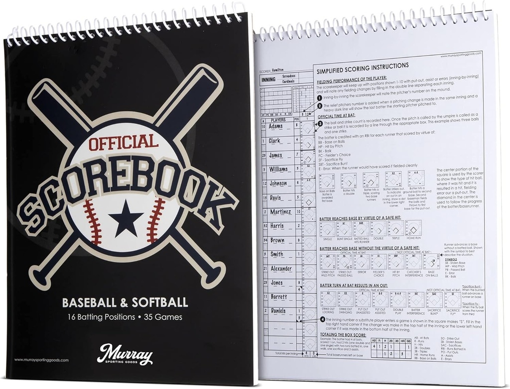 Murray Sporting Goods Baseball & Softball Scorebook - 35 Games Score Boek - Score Houden Boek voor Statistieken - Volwassene, Jeugd, Little League Honkbal Softbal Scorebook voor Scorehouders