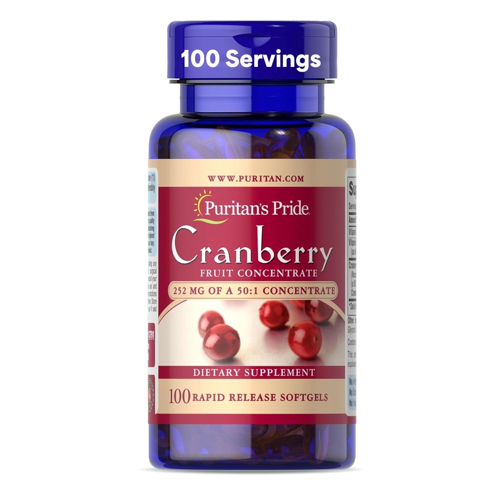 Puritan's Pride Premium Cranberry Fruit Concentraat 252mg (12.600mg equivalent) met Vitaminen C en E, Dieetsupplement voor Immuun Systeem Ondersteuning, 100 Rapid Release Softgels