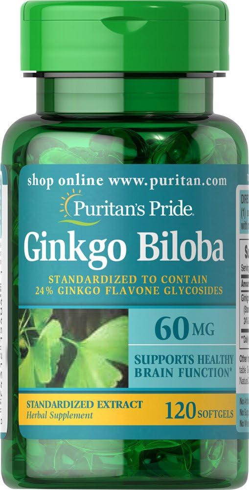 Puritan's Pride Ginkgo Biloba Standardized Extract Nootropic 60 Mg Softgels, 120 Tellen