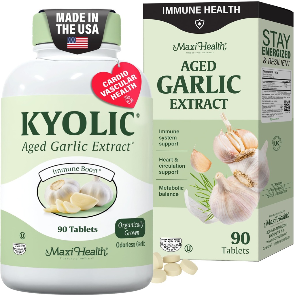 Maxi Health Kyolic Organic Knoflook Supplement - Kosjer Knoflook Tablets met Kyolic Aged Knoflook Extract voor Immune Ondersteuning - Vegetarische Knoflook Pillen (90 Tel.)