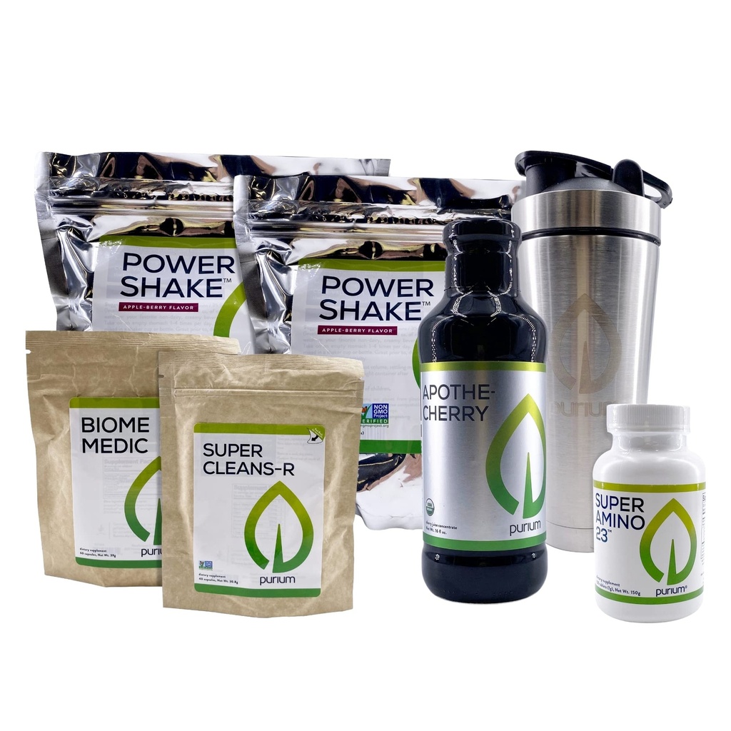 Purium Cleansing + Fitness Bundle - Inclusief Power Shake (Apple Berry), Apothe-Cherry, Super Amino 23, Super CleansR, Biome Medic, & Blender Bottle