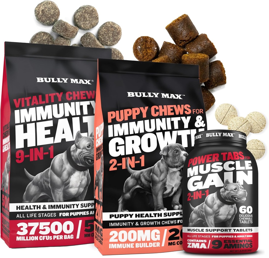 Bully Max Hond vitaliteit Kauwt, Muscle Builder Tabs (60 tabs) & Puppy Kauwt Bundle 