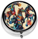 Kleurrijke cartoon paard bedrukte ronde pil Organisator met 3 afdelingen, Portable Mini Pill Box pils geval voor geneeskunde, vitamine, visolie, supplementen