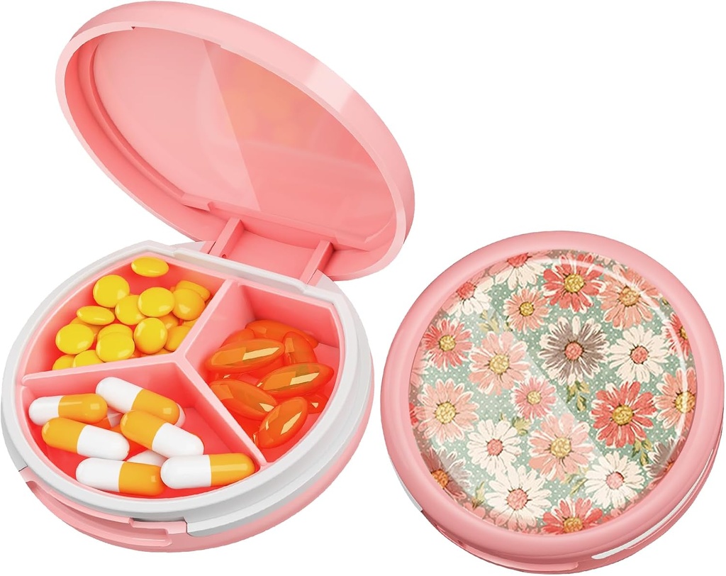 Serfeymi Small Pill Box - 3 Compartments Portable Pill Box for Purse Pocket, Compact Mini Travel Pill Case - Geschikt voor Geneeskunde, Vitamine, Visolie, Supplementen - Pink(Daisy)