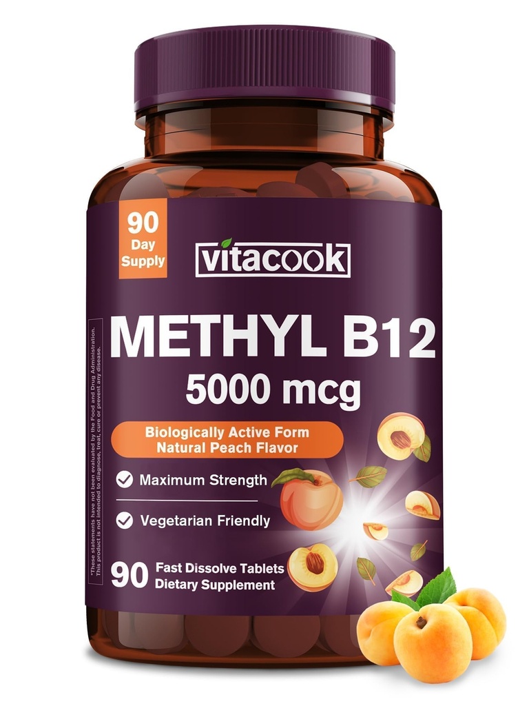 Vitamine B12 Sublingual, Methylcobalamine 5000mcg voor energieproductie, energie, zenuw- en celondersteuning, natuurlijke perziksmaak, veganistisch, zero sugar, 90 snel oplossende tabletten