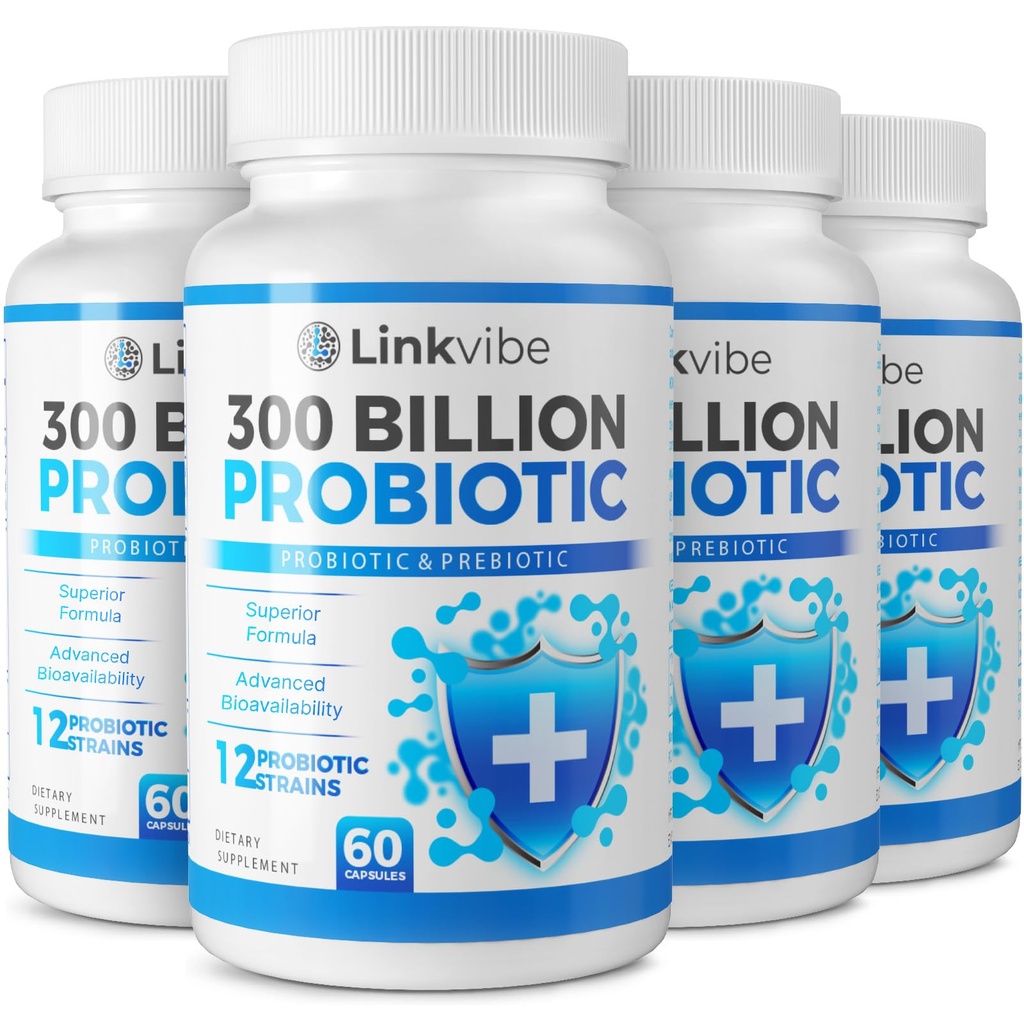 Probiotic 300 Miljard CFU - 12 Strains with Organic Prebiotics for Digestief & Gut, Immune, Bloating Health - Probiotics for Women and Men - Daily Dairy Free, Plank Stable - 240 Telt