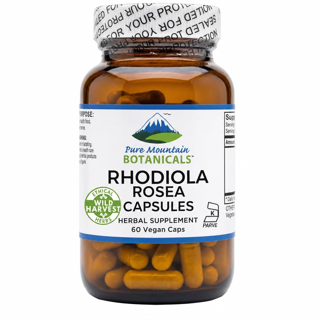Pure Mountain Botanicals Rhodiola Rosea Supplement - 60 Capsules 250mg - Root Extract Standardized 3% Rosavins 1% Salidroside - Vegan Kosher Gluten Free