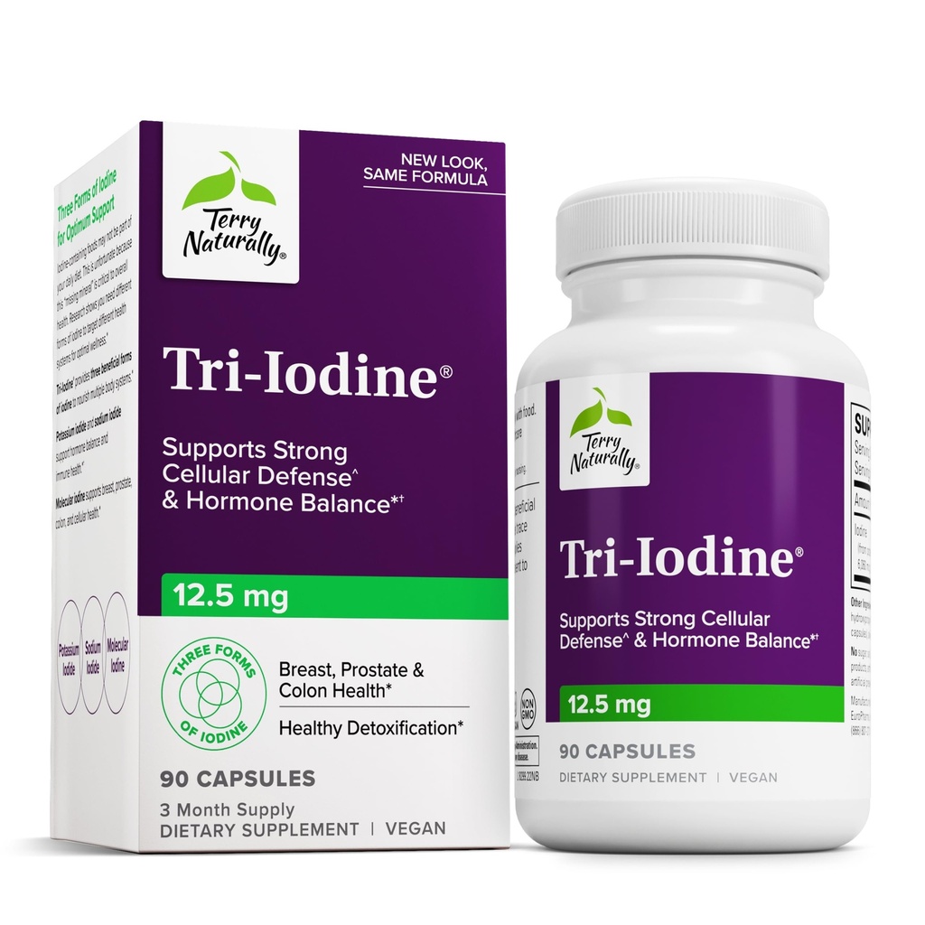 Terry Naturally Tri-Iodine - Ondersteuning Thyroid Health - Aids Hormone Balance with Molecular Iodine from Kelp - Kenmerken Kaliumjodide & Sodium Iodide - Hersenen & Energy Support - 12,5 mg, 90 capsules