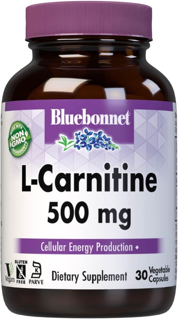 Bluebonnet Nutrition L-Carnitine 500mg, Transports Fatty Acids*, Boosts Cellular Energy*, Soy-Free, Gluten-Free, Non-GMO, Kosher Certified, Vegan, 30 plantaardige Capsules, 30 porties