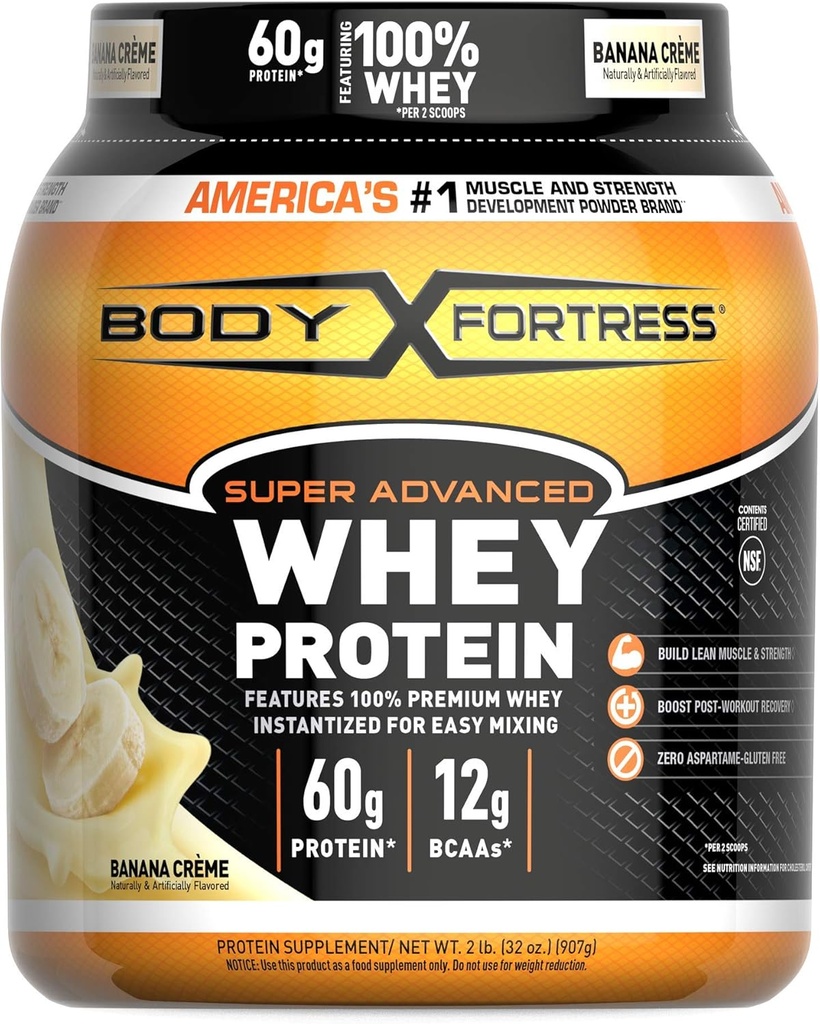 Body Fortress Super Advanced Wei Proteïne Poeder, Banana Creme Gearomatiseerd, Glutenvrij, 2 Lb