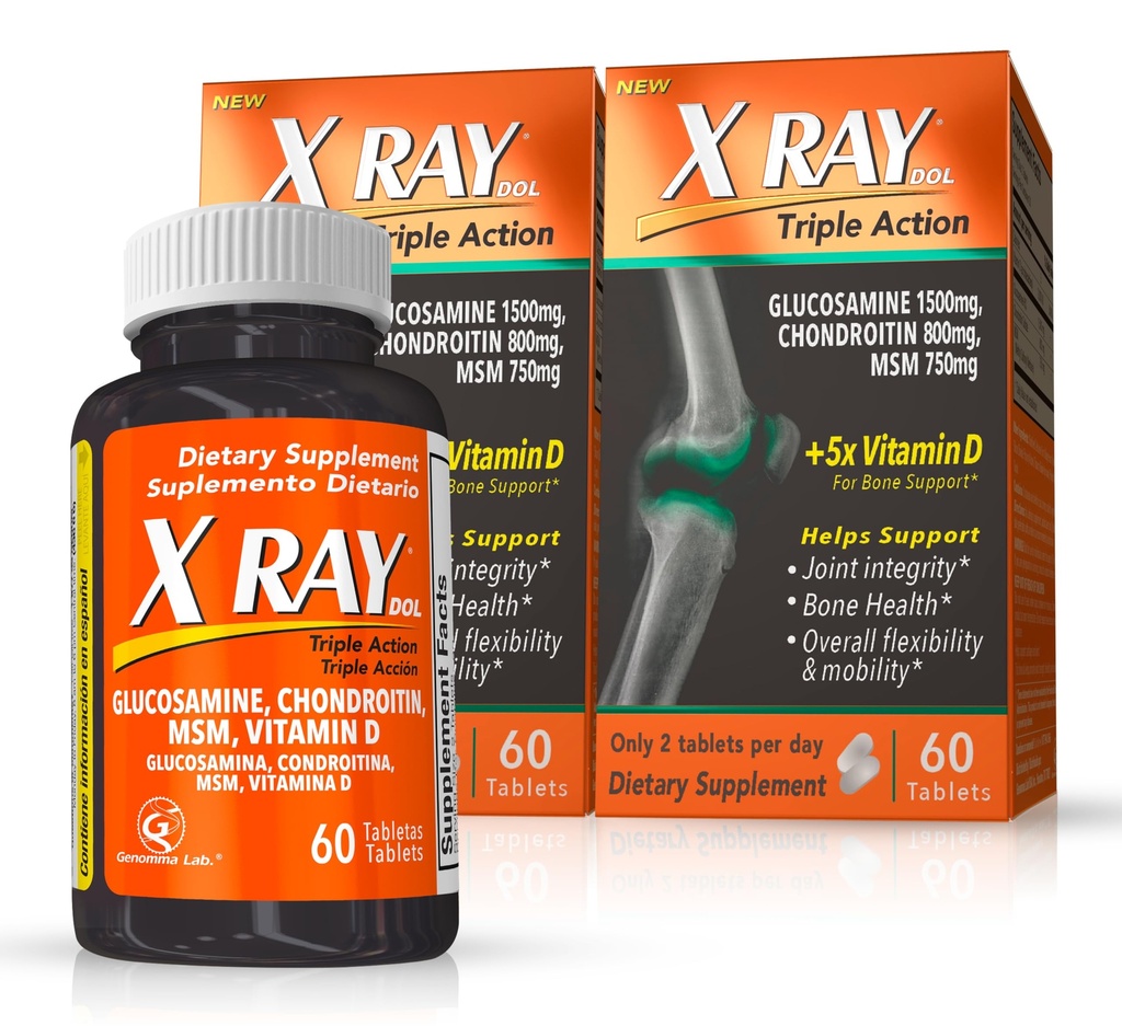 X Ray Dol Triple Action Joint Support Supplement with Glucosamine 1500mg, Chondroitin 800mg, MSM 750mg en 5X Vitamine D voor gezonde gewrichten, Bones & Cartilage - 60 Tel per fles - 2 Pack