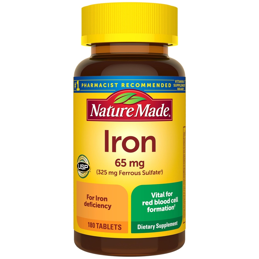 Nature Made Iron 65 mg (325 mg Ferrous Sulfate) Tabletten, Dieetsupplement voor de ondersteuning van rode bloedcellen, 180 tabletten, 180 dagen